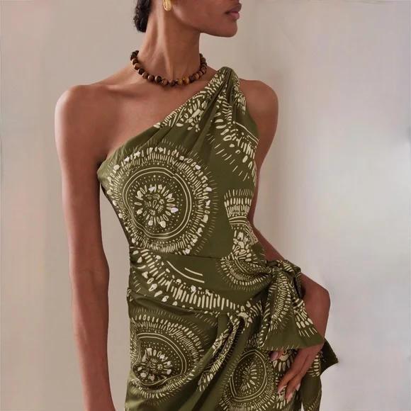 Andres Otalora Green One-Shoulder Shell Embellished Mini Dress